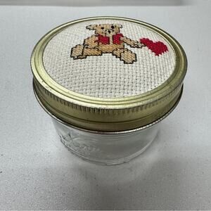 Vintage Mini Canning Jar Cross Stitch Bear Lid Home Decor